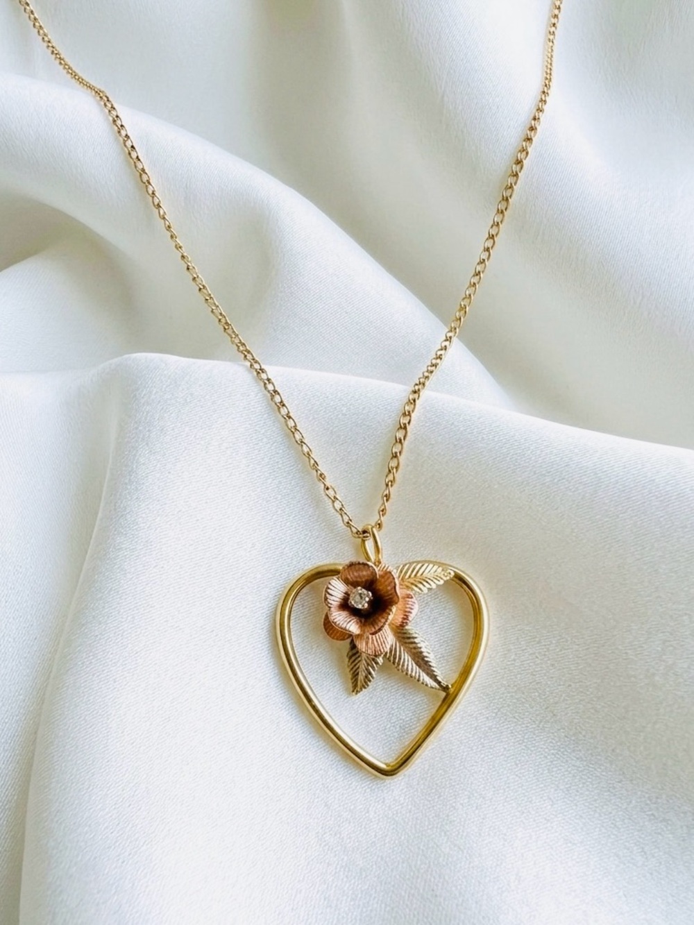 Vintage 14K Gold Filled Heart Rose Necklace GENUINE Diamond Accent 16” L